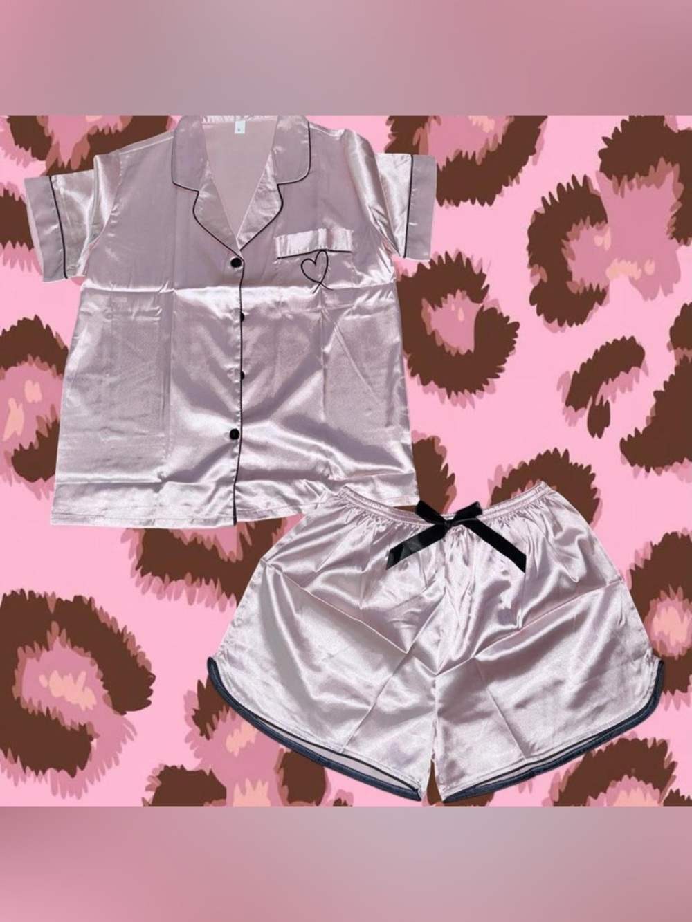Pink Satin Heart Pajama Set - Size Small
